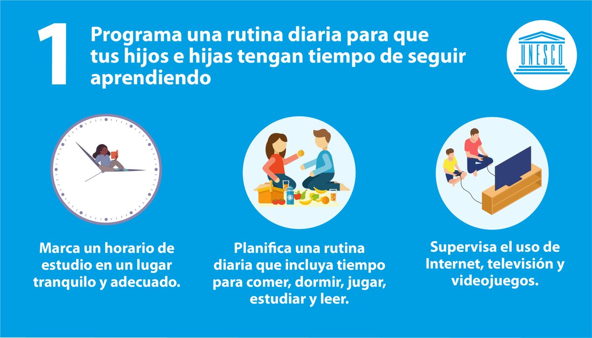 1/6 - Aquí tienes algunos consejos rápidos para ayudar a tus hijos e hijas a seguir aprendiendo desde casa. 

on.unesco.org/2x3e7Pu #Coronavirus #COVID19 #ComparteEducación #ComparteInformación
👇👇👇👇