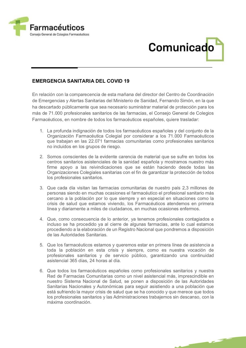 Farmaceuticos_'s tweet photo. La Profesión Farmacéutica muestra su profunda indignación ante la comparecencia del director del Centro de Coordinación de Emergencias y Alertas Sanitarias, Fernando Simón #AsiNo @sanidadgob @SaludPublicaEs  Adjuntamos comunicado. https://t.co/tKjq580LmG