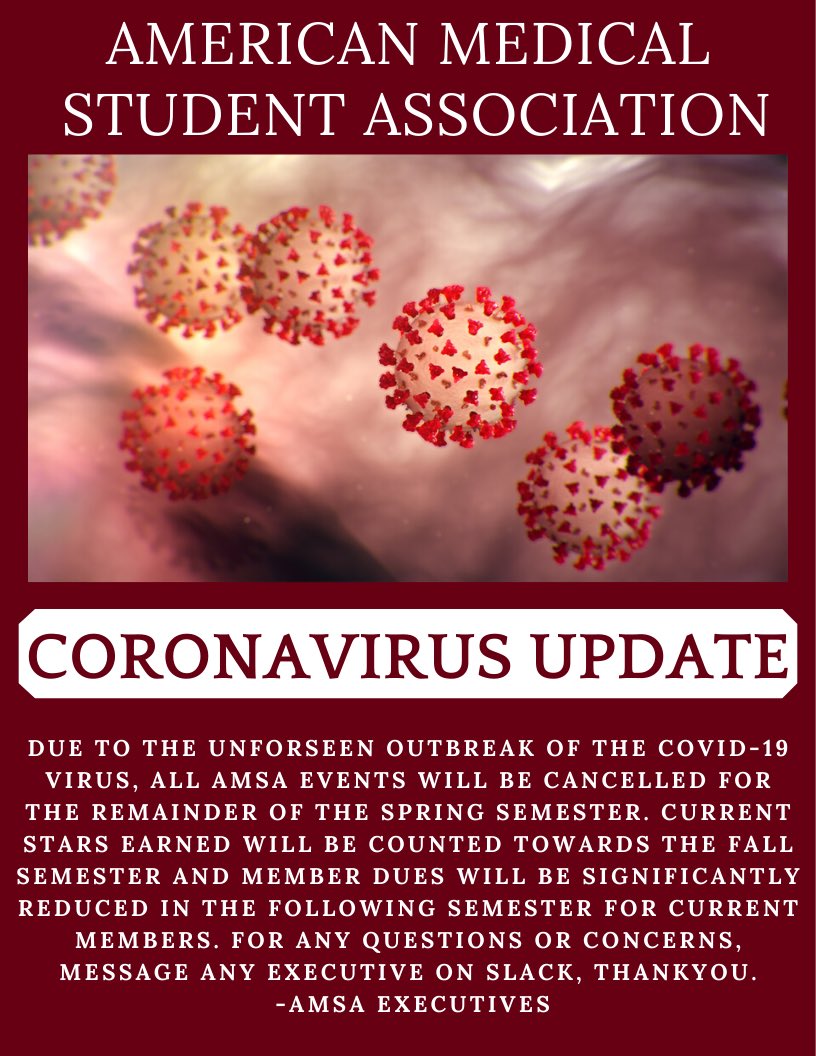 Hello AMSA members! I hope everyone is safe and taking proper precautions. For any questions, please message the executives on slack!
.
.
 
 #utsa #coronavirus #clubs