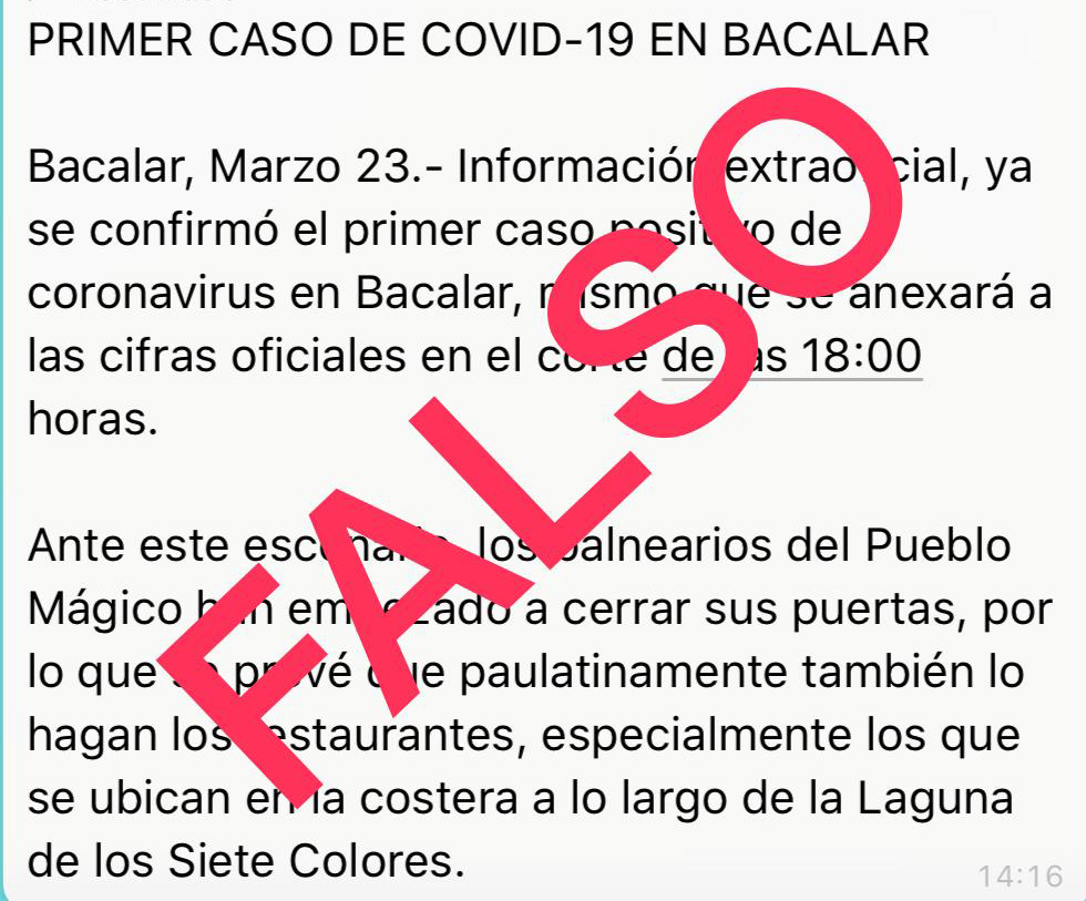 Ha comenzado a correr el rumor de que hay un caso positivo en Bacalar. ES FALSO. Hasta el momento no tenemos casos confirmados ni sospechosos en ese municipio.