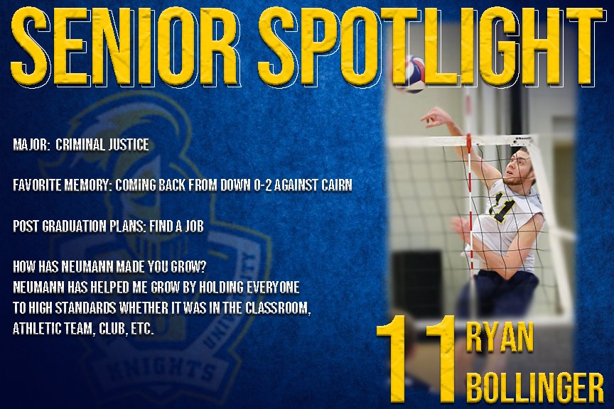 Neumann Athletics (@neumannknights) on Twitter photo Over the next few weeks, we are going to give a #SeniorSalute to our senior student-athletes who had their seasons and potentially their careers cut short. Our first senior salute is:
Ryan Bollinger, a two-year member of our <a href="/NeumannMVB/">Neumann Men's Volleyball</a> team. Over the next few weeks, we are going to give a #SeniorSalute to our senior student-athletes who had their seasons and potentially their careers cut short. Our first senior salute is:
Ryan Bollinger, a two-year member of our <a href="/NeumannMVB/">Neumann Men's Volleyball</a> team.