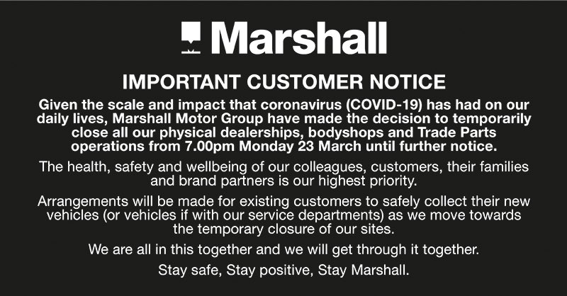 MMGMaserati's tweet photo. Given the scale and impact that coronavirus has had on our daily lives, Marshall Motor Group have made the decision to temporarily close all our physical dealerships, bodyshops and Trade Parts from 7.00pm Monday 23 March until further notice. Read more > https://t.co/PJKcc9Ne4V https://t.co/oY4D7T4BWL