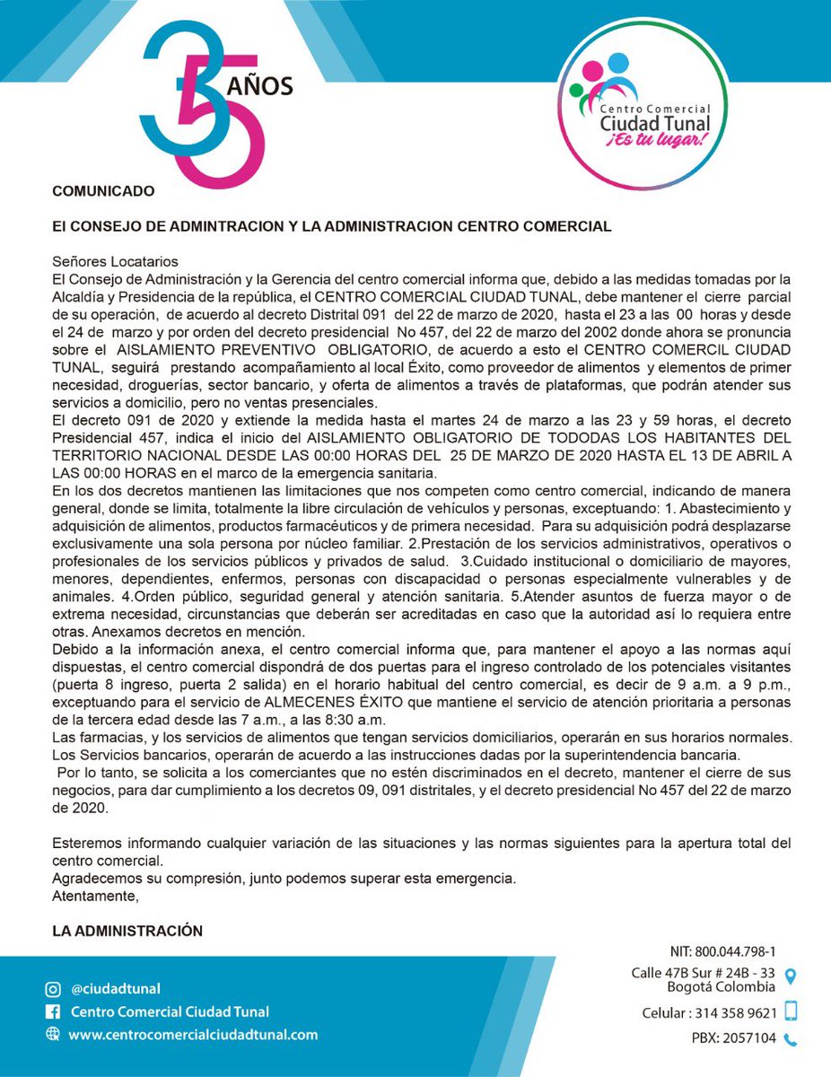 CiudadTunal's tweet photo. Comunicado importante.

#coronavirus #YoMeQuedoEnCasa #bogota #covid_19 https://t.co/GjQCWKyyYA