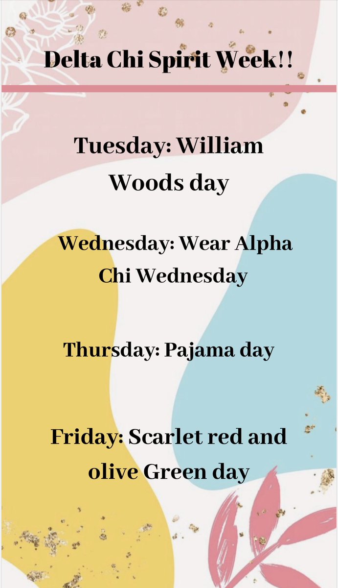 Participate in our Delta Chi spirit week! Starting tomorrow, March 24th - 27th. Tag us or send us pictures of you participating!! 💖