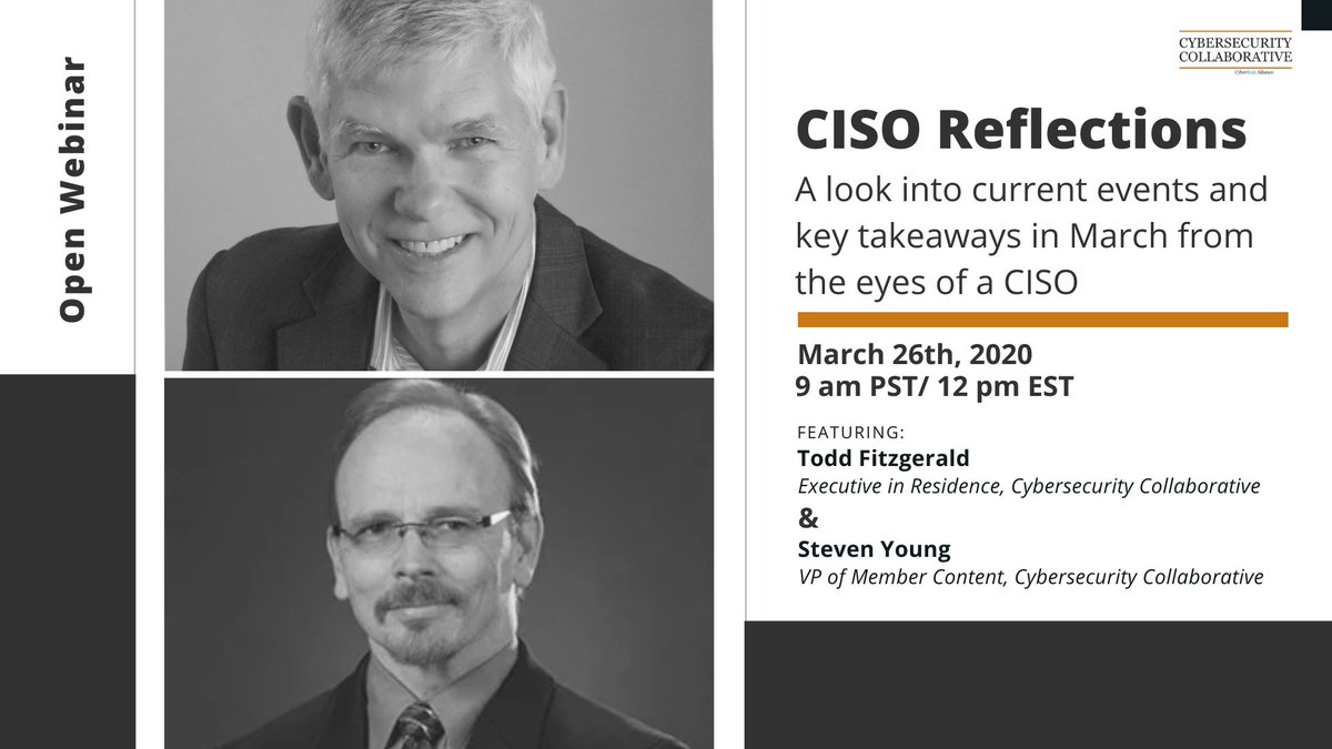 Address today's issues with a team of CISOs, join Todd Fitzgerald &amp; Steven Young in the free open webinar "CISO Reflections", this Thursday! Register here: cyberleadersunite.webex.com/cyberleadersun…
 #CISO #cybernews #techology #data #risk #business