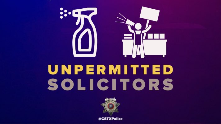 ⚠️ Solicitors are going door-to-door trying to sell supposed cleaners/sanitizers — no permits have been issued for this we have no way to verify the products are legitimate. Please do not open your door for these individuals. To report unpermitted solicitors, call 979-764-3600.
