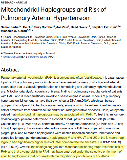 Mitochondrial Haplogroups & Risk of Pulmonary Arterial Hypertension"mitochondrial haplogroups influence risk of PAH...vulnerability to PAH may have emerged under selective enrichment of specific haplogroups...w/ the migration of populations out of Africa" https://www.ncbi.nlm.nih.gov/pmc/articles/PMC4880300/