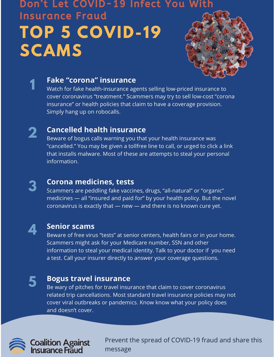 inslawservices's tweet photo. The Coalition Against Insurance Fraud is helping protect consumers from frauds and scams arising from the COVID-19 crisis. More information is available at https://t.co/dEV7WFNW0j. Please feel free to repost and pass along this important information. Stay well. https://t.co/UGSVV3OSPs