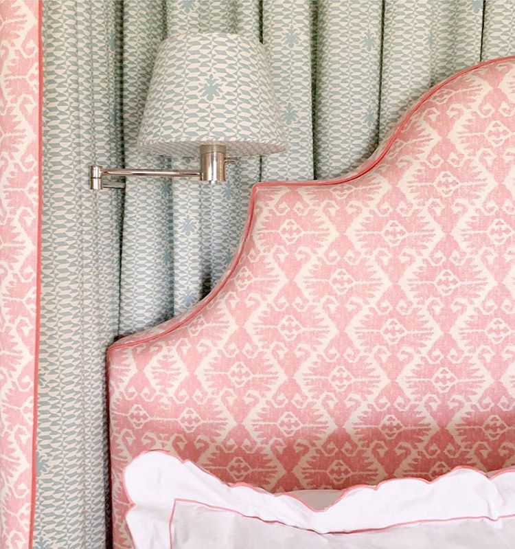 Fabulous color from <a href="/quadrillefabric/">Quadrille Fabrics</a>! Design by #EmilyRuddo featuring Tucson headboard .The shade and bed hanging in Carlo II, a linen fabric. 
#washingtondesigncenter #emilyruddo #Interiordesign #linen