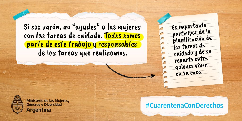 Las tareas de cuidado son responsabilidad de todxs. Es muy importante que, si sos varón, te involucres, no sólo en su realización sino en su organización y planificación.

Ante la emergencia sanitaria, te proponemos una #CuarentenaConDerechos para todos, todas y todes.