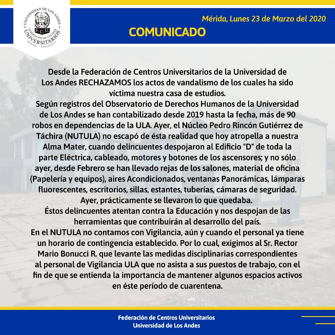 joelzerpa10's tweet photo. #23Mar Comunicado Oficial de la @ULA_FCU @Ornellasgomezm  ante los robos y hurtos en el Nucleo Pedro Rincón Gutiérrez #Tachira #NUTULA

#ExigimosSeguridad
#SinUniversidadNoHayPais
#ULA 

@leoperiodista 
@Uladdhh 
@rectoradoula 
@ula_tv 
@Presidencia_VE 
@redunivenezuela https://t.co/2MjVLTZA5k