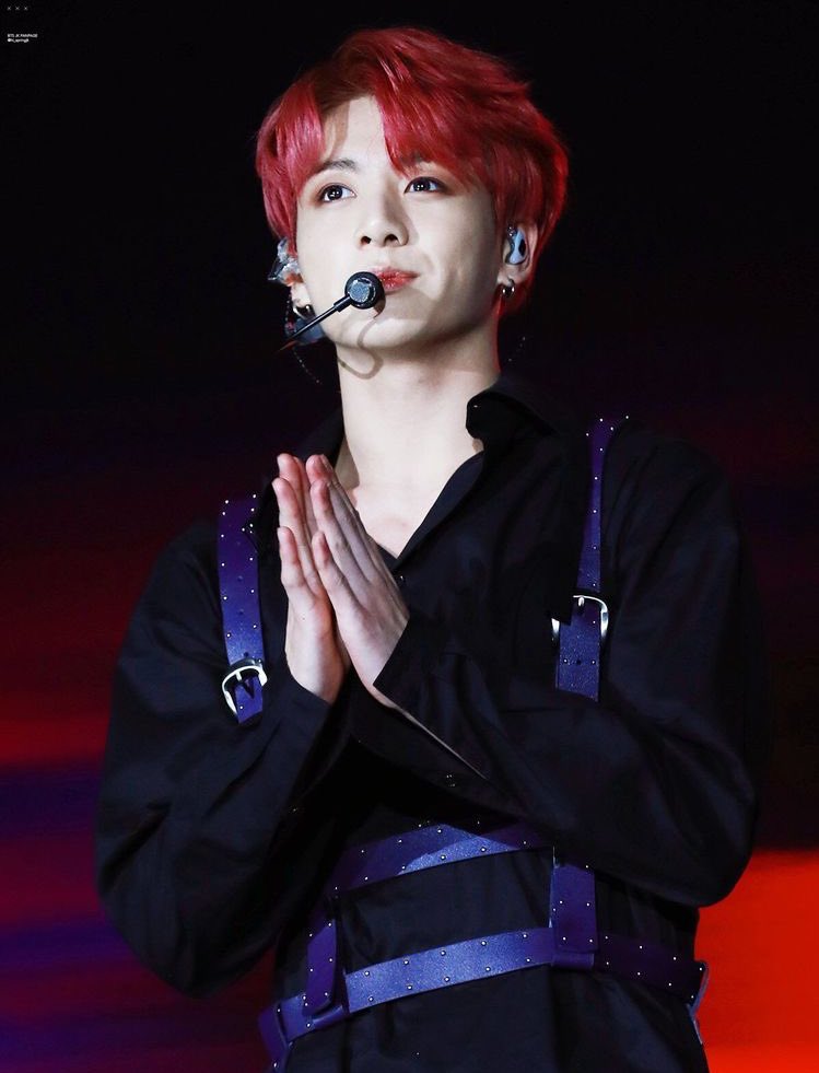 jungkook with his cherry hair and this outfit; a thread