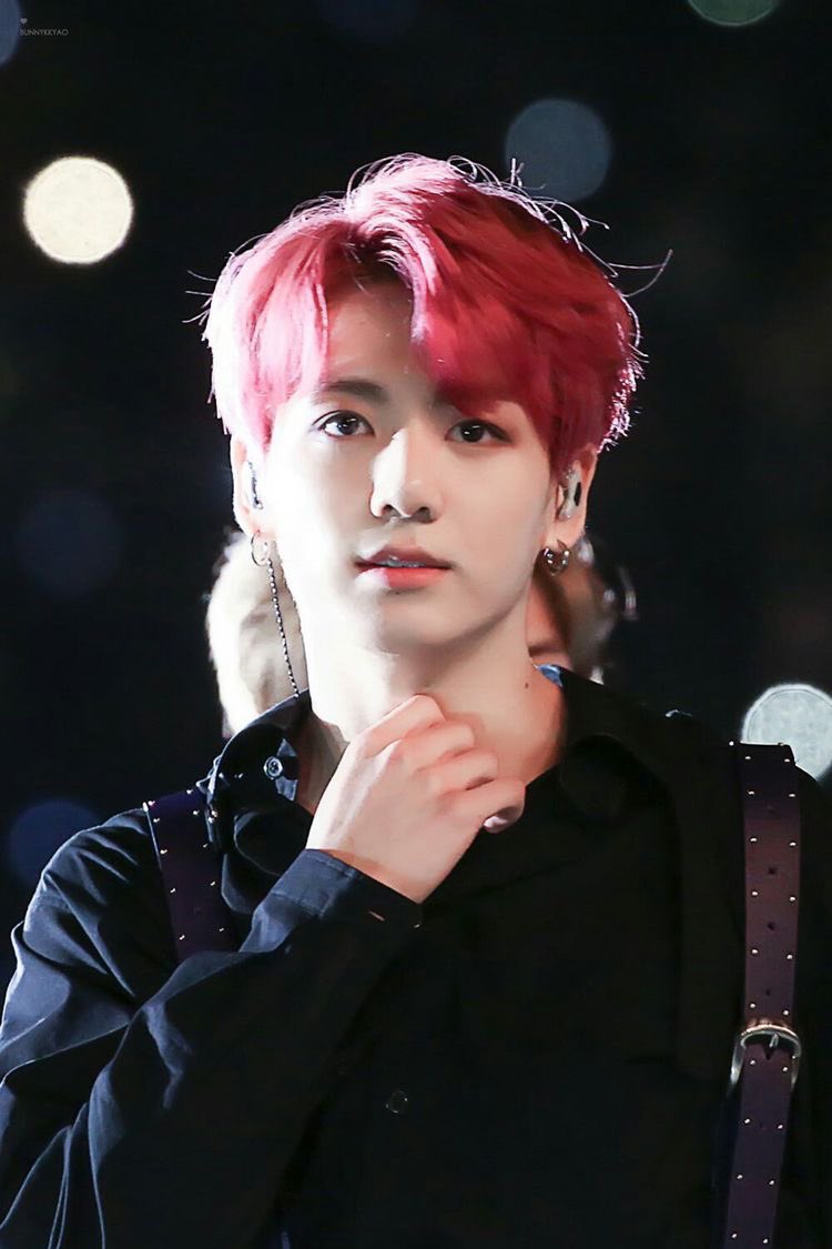 jungkook with his cherry hair and this outfit; a thread