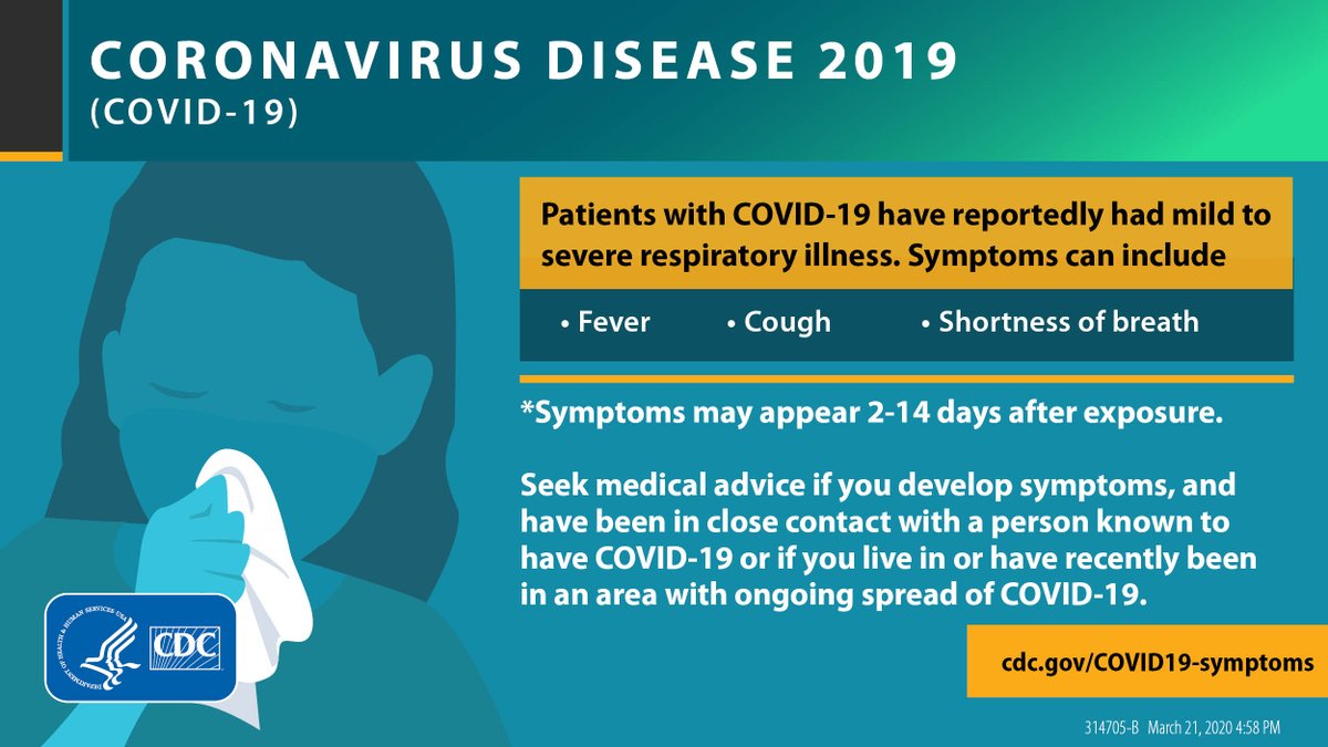 CDCemergency's tweet photo. Patients with #COVID19 have reportedly had mild to severe respiratory illness. Symptoms include fever, cough, or shortness of breath. Learn more about COVID-19 symptoms: https://t.co/bmUqR49D7D https://t.co/pxByhKn5P1