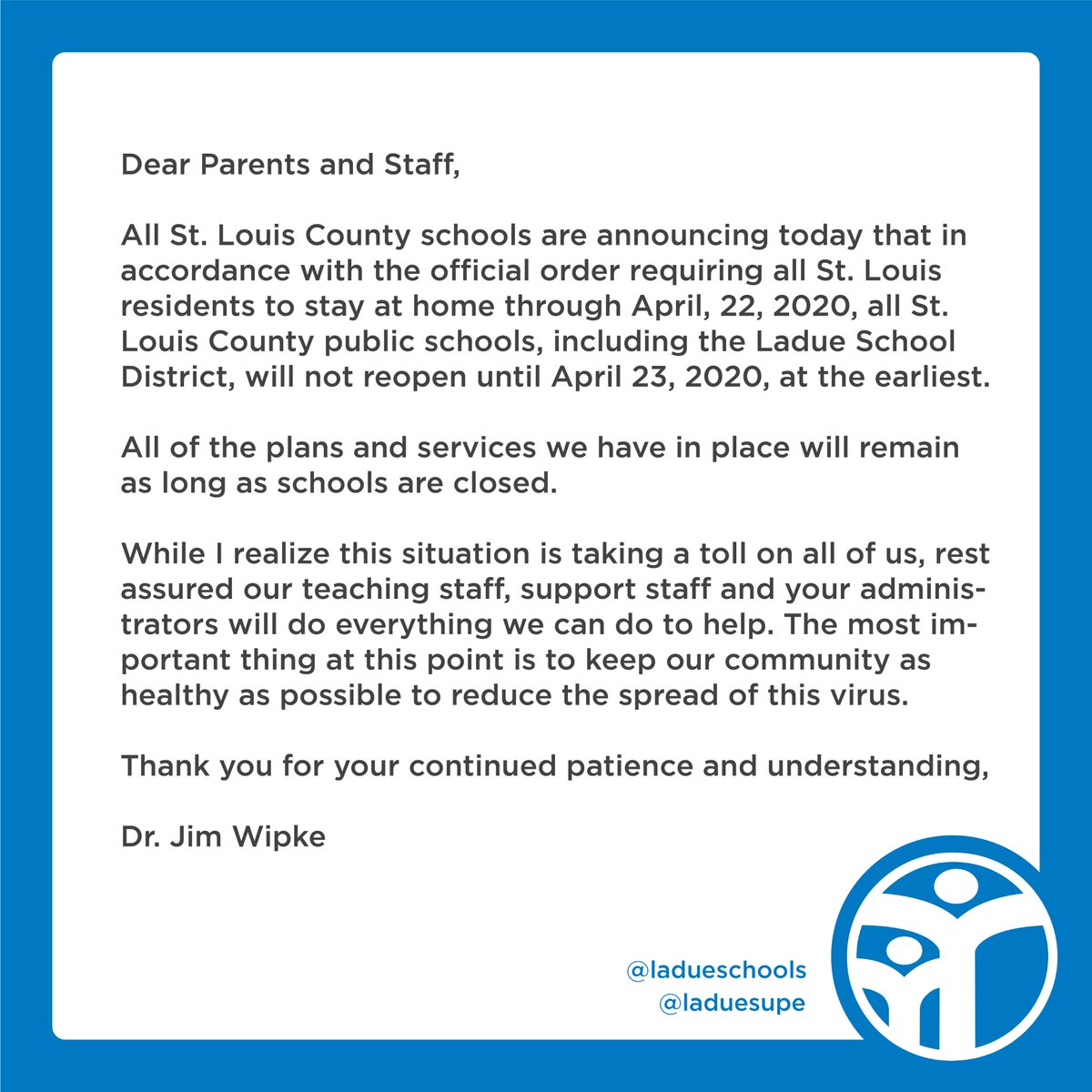 LadueSchools's tweet photo. Ladue Schools, along with all other St. Louis County public school districts and St. Louis Public Schools, will remain closed at least through April 22, 2020, based on St. Louis County’s recent “stay at home” order. #StLouisSchools #LadueStrong #LadueSchools https://t.co/yVATtGc6lW