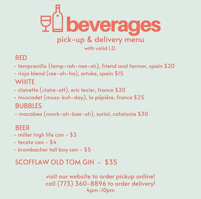Grab snack and a cold one 4-10pm everyday from <a href="/moonlighterchi/">moonlighterchicago</a> and <a href="/scofflaw/">Scofflaw</a> pick up and delivery available.