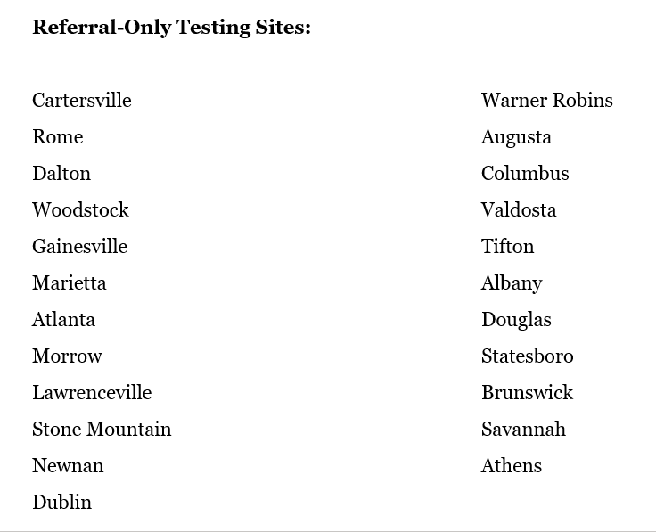 GovKemp's tweet photo. We now have 23 referral-only test sites across the state. #COVID19 https://t.co/lm37lPPP4J