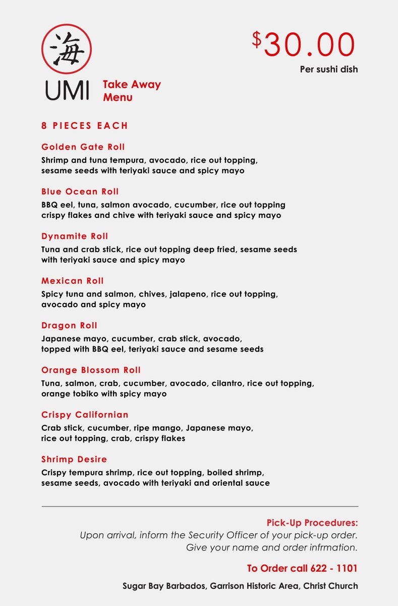 In light of the social distancing suggestions which we are currently observing, we would ike to offer you the opportunity to take advantage of our special takeaway menu! UMI Barbados #FreshSushi #MadeToOrder #Takeaway #SugarBayBarbados