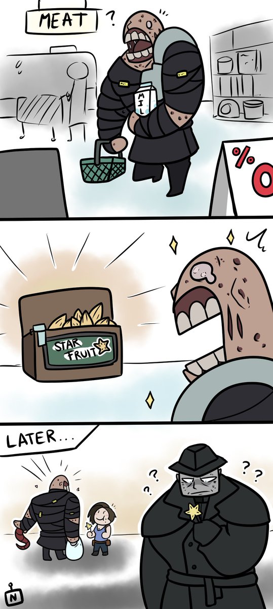 MontyGlu's tweet image. Have a silly comic, my dumb brain wouldn&apos;t shut up about!

#re3remake #RE3RemakeDemo #Nemesis