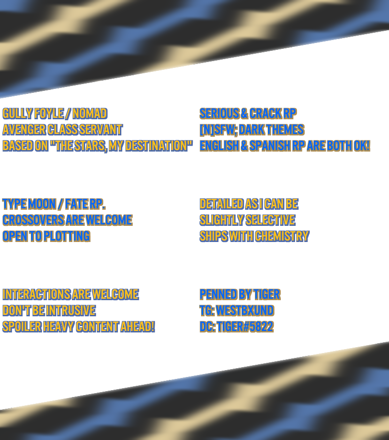 ❝Take a war to make you spend.
 Take a jam to make you think.
 Take a challenge to make you great.❞

— #FateRP || #MVRP. 
— Penned by #Tɪɢᴇʀ. 
— I do edits, ask away!
— RT's are appreciated.