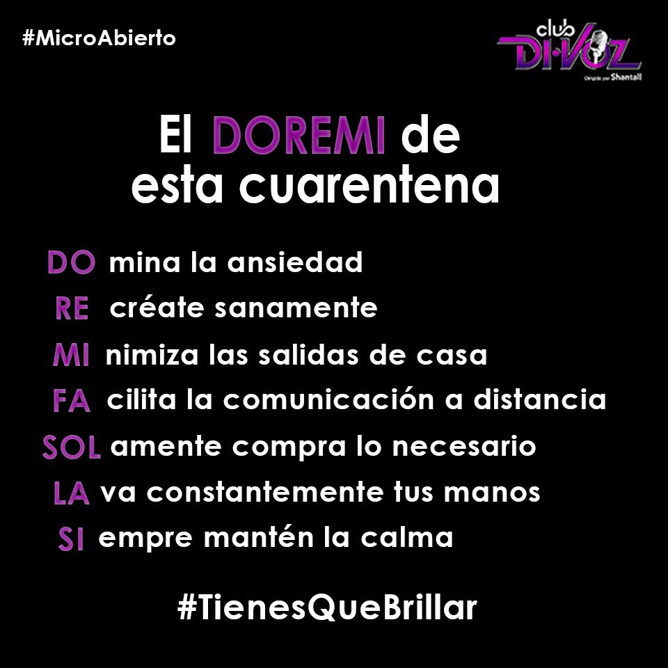 ClubDivoz's tweet photo. #MicroAbierto ¡Aprovechemos estos días en casa para practicar todos los días, por lo menos 15 minutos diarios, la base de todo cantante: EL DOREMI ☝🏽! Además, te dejamos unos consejos para sobrellevar la cuarentena en familia 💜 #TienesQueBrillar https://t.co/GPBA3tJFsl