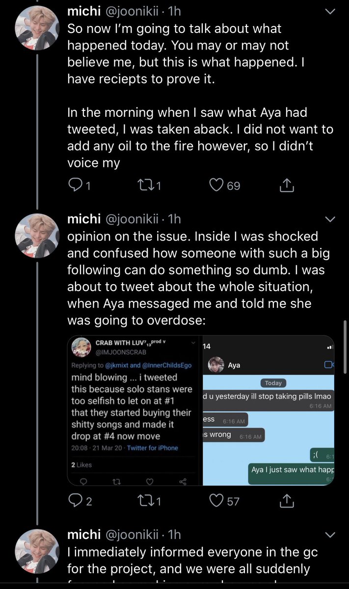 From the same thread, this was her telling them she was going to take pills, which given her track record of saying she’s going to hurt herself to avoid taking responsibility for her actions and that she was right back on Twitter minutes later, was clearly a lie