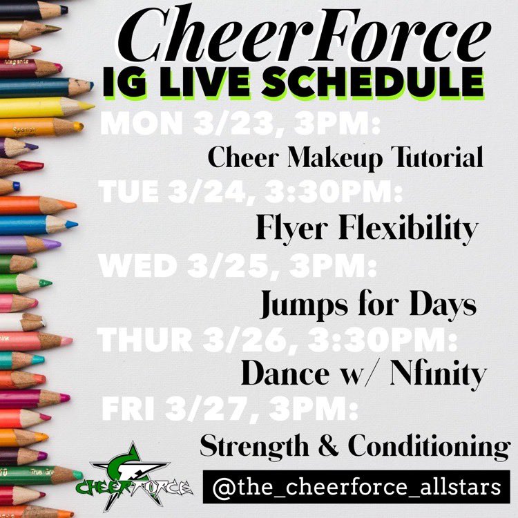 CheerForceSimi's tweet image. We are ready to keep you BUSY this week!  Who is joining us as we go LIVE on Instagram?!? #onenationundergreen 💚🖤 

@CheerForceSimi @CheerForceOC @CheerforceSD @CF_Fresno