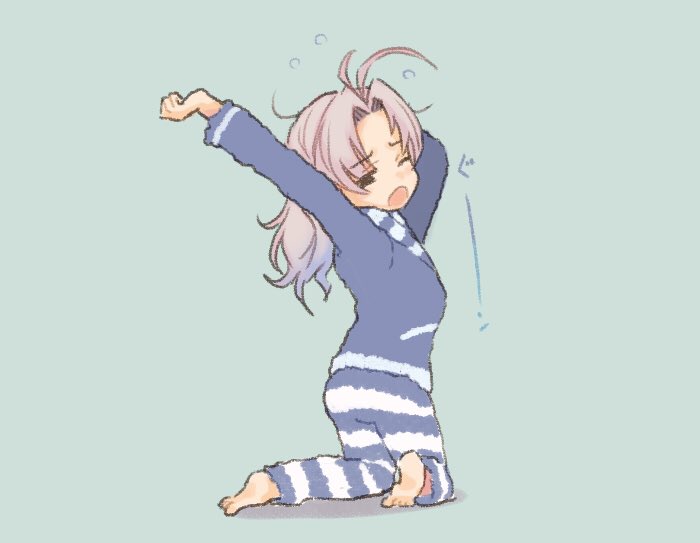 kinugasa (kancolle) 1girl solo pajamas stretching yawning barefoot simple background  illustration images