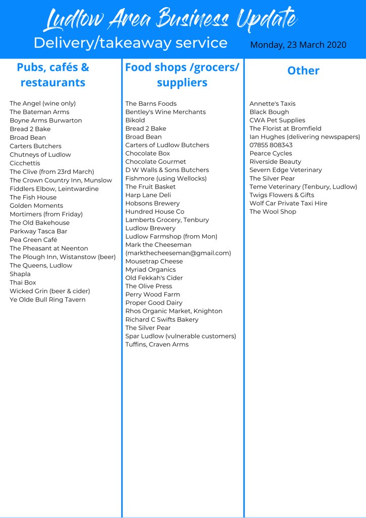 As the PM announces total lockdown except essential travel, we post our latest list on all local businesses offering takeaway &amp; delivery services in the Ludlow area. This may change again in the next 24 hours. Stay at home, stay safe, save lives. Thank you.🙂