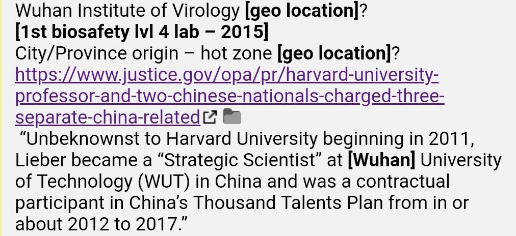 14.  #QAnon The  #Wuhan Inst of Virology's at epicenter of  #WuhanCoronovirus outbreak. It is the first biosafety level 4 lab in China, since 2015. Lieber, arrested Jan 2020, lied about working at Wuhan U of Tech, 16 min from WIV  #Q  https://www.sciencemag.org/news/2020/01/wuhan-seafood-market-may-not-be-source-novel-virus-spreading-globally https://www.justice.gov/opa/pr/harvard-university-professor-and-two-chinese-nationals-charged-three-separate-china-related