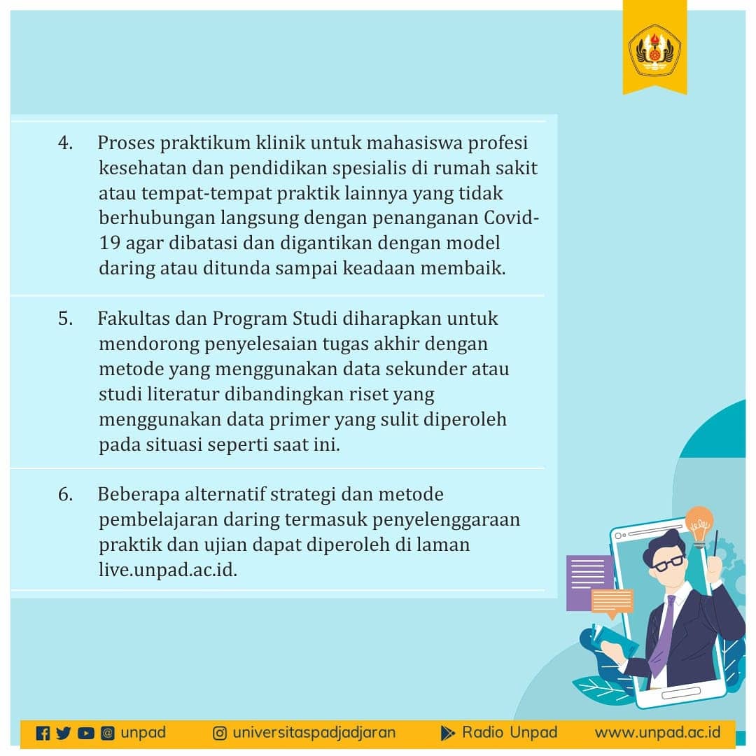 #InfoUnpad

Sivitas, 
Unpad mengeluarkan kebijakan memperpanjang proses perkuliahan daring sampai berakhirnya masa Ujian Akhir Semester Genap tahun akademik 2019/2020 atau sampai dengan 19 Juni 2020.

Cek detilnya di infografis berikut ini.

#UnpadTanggapCovid19

<a href="/Kemdikbud_RI/">kemdikbud go id</a>