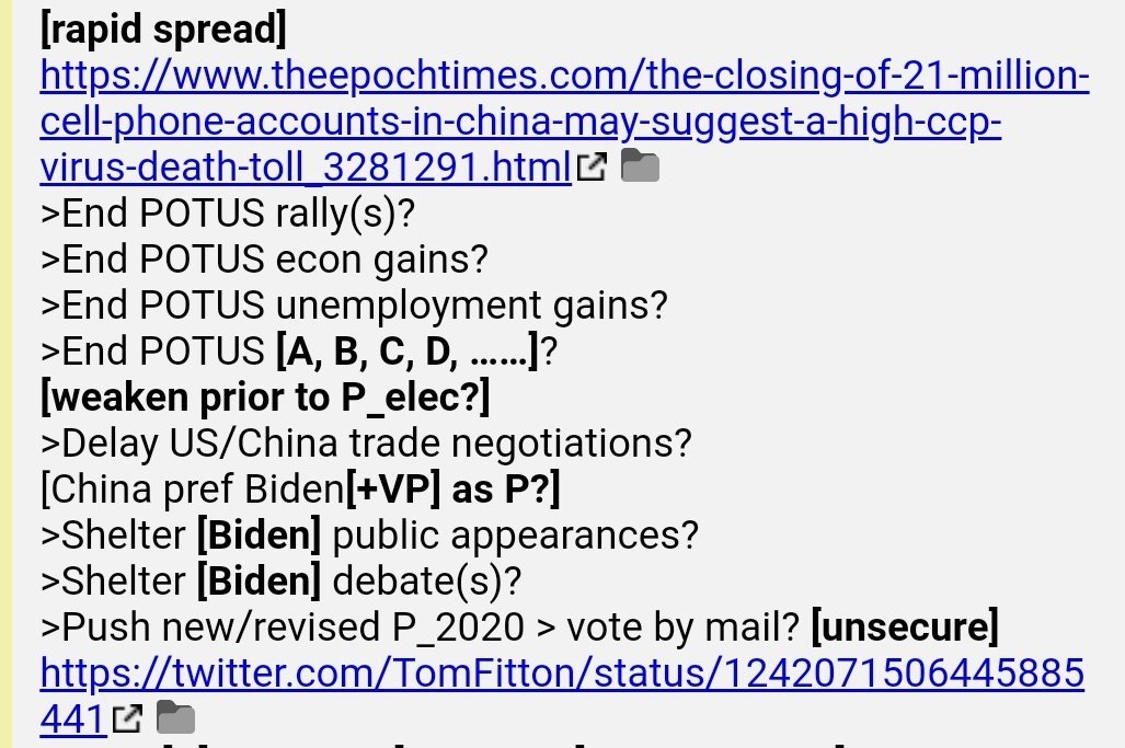 15.  #QAnon [rapid spread] -> Do 21,000,000 fewer cellphones in China tell us the true death toll? https://www.theepochtimes.com/the-closing-of-21-million-cell-phone-accounts-in-china-may-suggest-a-high-ccp-virus-death-toll_3281291.html …D's benefit by weakening POTUS & pushing vote by mail without ID & Pelosi put it in new relief bill. https://twitter.com/TomFitton/status/1242071506445885441