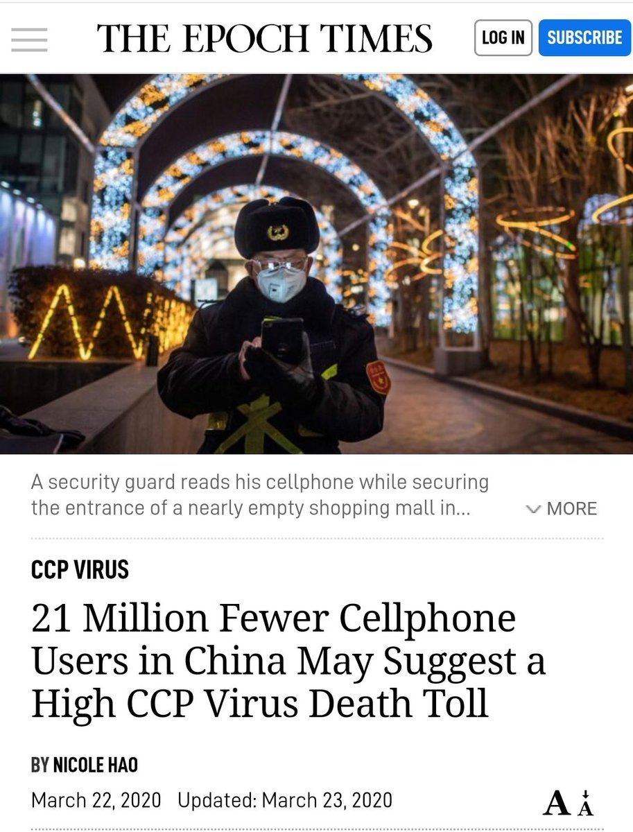15.  #QAnon [rapid spread] -> Do 21,000,000 fewer cellphones in China tell us the true death toll? https://www.theepochtimes.com/the-closing-of-21-million-cell-phone-accounts-in-china-may-suggest-a-high-ccp-virus-death-toll_3281291.html …D's benefit by weakening POTUS & pushing vote by mail without ID & Pelosi put it in new relief bill. https://twitter.com/TomFitton/status/1242071506445885441