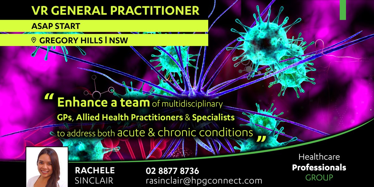 Full-time Nursing support. 70% of billings grossing $600k annually. High growth residential area with a diverse patient base. Strong sign-on bonus with training offered to all Doctors. DPA available. 
Call Rachele 02 8877 8736 for more information.  #GeneralPractice #Telehealth