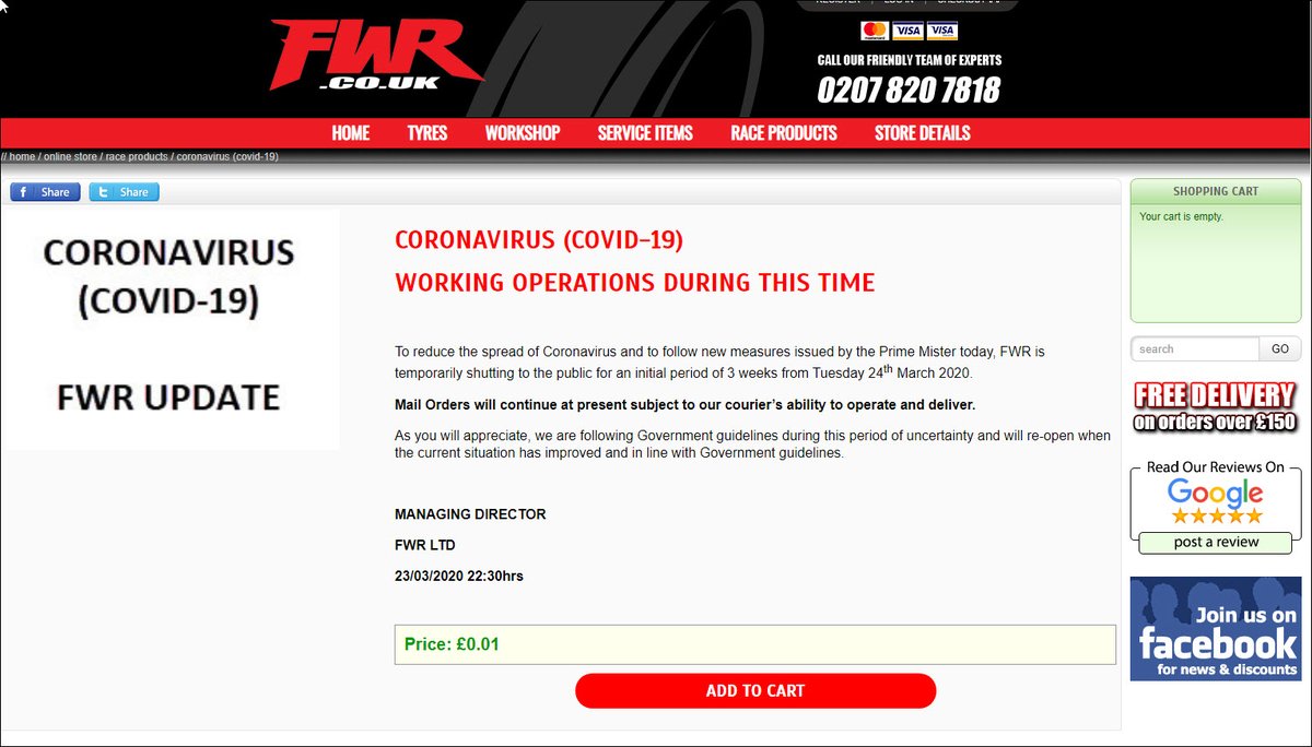 FWRltd's tweet image. To reduce the spread of Coronavirus and to follow new measures issued by the Prime Minister today, FWR is temporarily shutting to the public for an initial period of 3 weeks from Tuesday 24/03/2020. Mail Orders will continue at present subject to our courier’s ability to deliver.