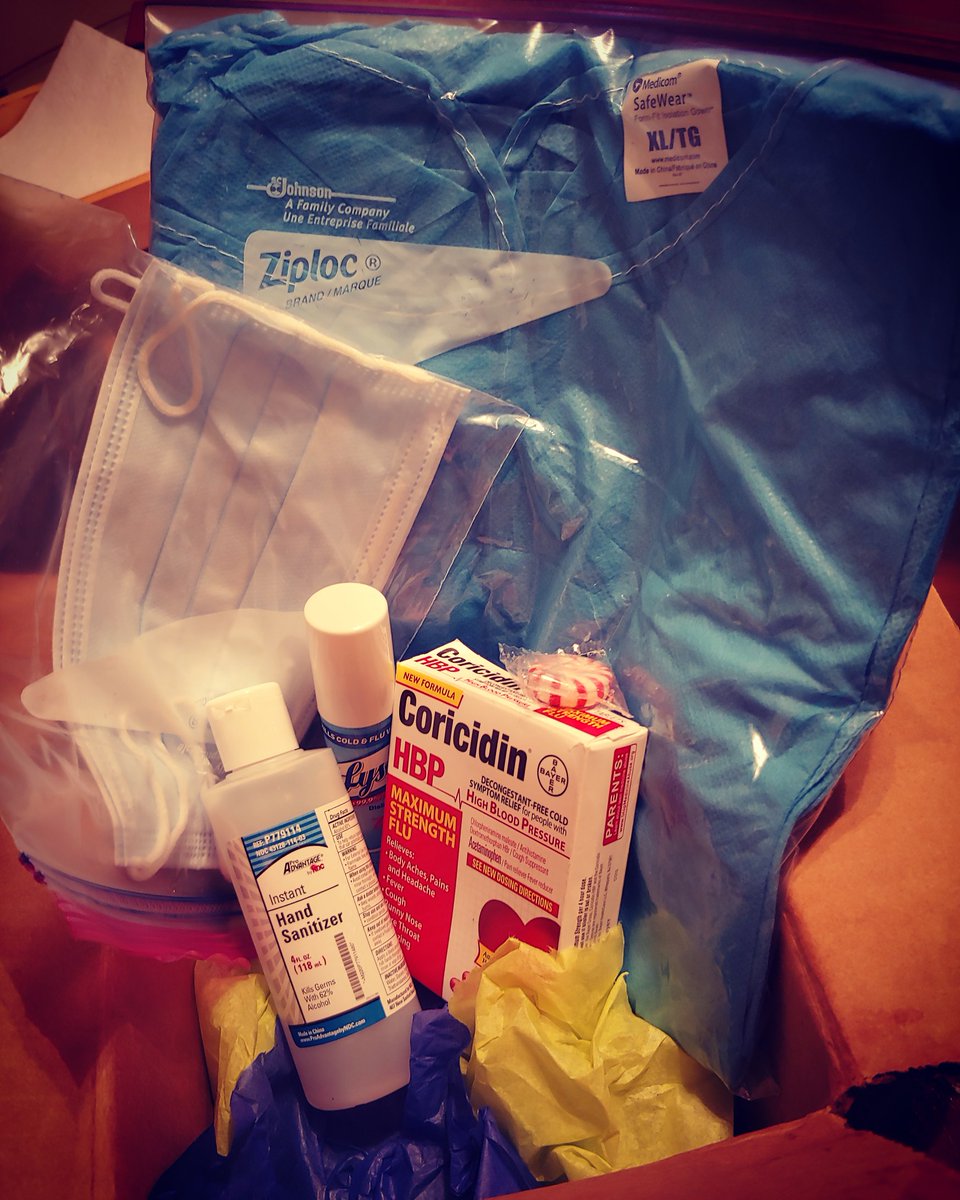 I remember when a care package from the parents meant bags of skittles and various treats. Now in the age of  #Coronavirus it's a first aid kit filled with hard to find facial masks, hand sanitizer, meds and scrubs...JIC.  #COVID19