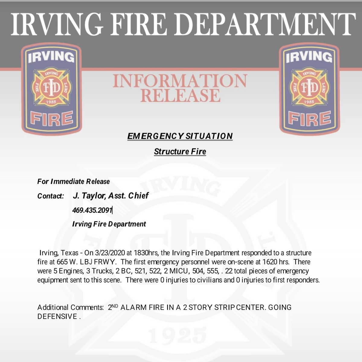 Irving_Fire's tweet image. 2 alarm still working.  No injuries reported
