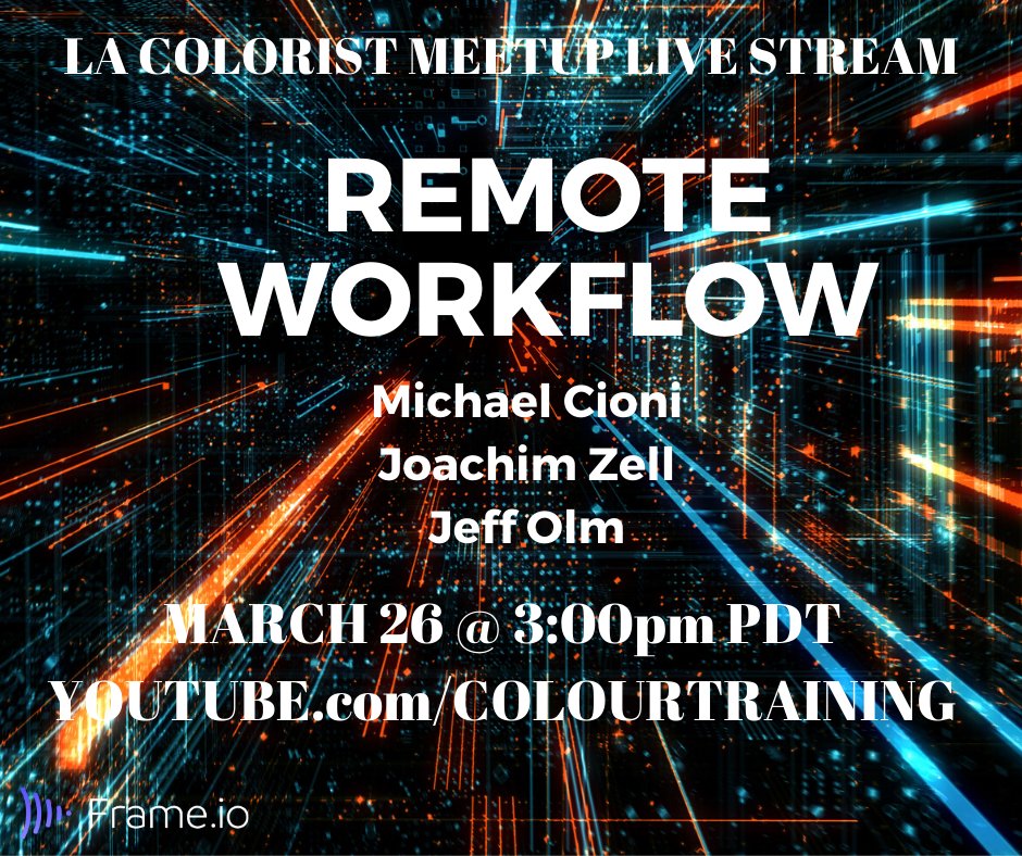 abelcine's tweet photo. Good news: this Thursday's LA #ColoristMeetup on Remote Workflow will be live streamed! Featuring guests @michael_cioni @JzJoachimZell, Jeff Olm & hosted by @dadovalentic. More details here π https://t.co/M0Wclu7ZMF | @coloristmeetup @ColourTraining @Frame_io https://t.co/8RSFnrICGz