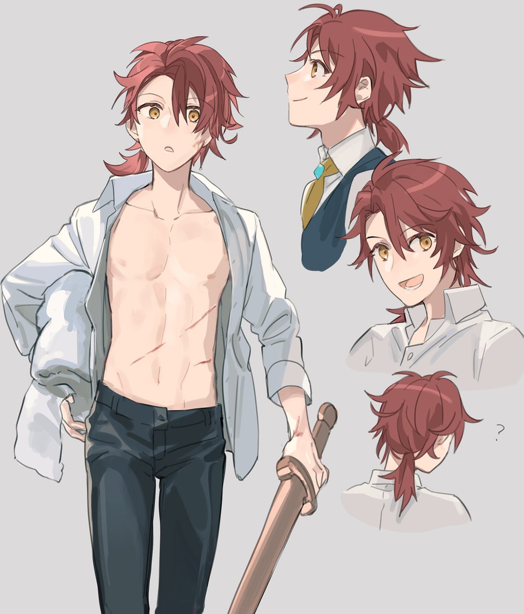 1boy weapon male focus red hair sword shirt yellow eyes  illustration images