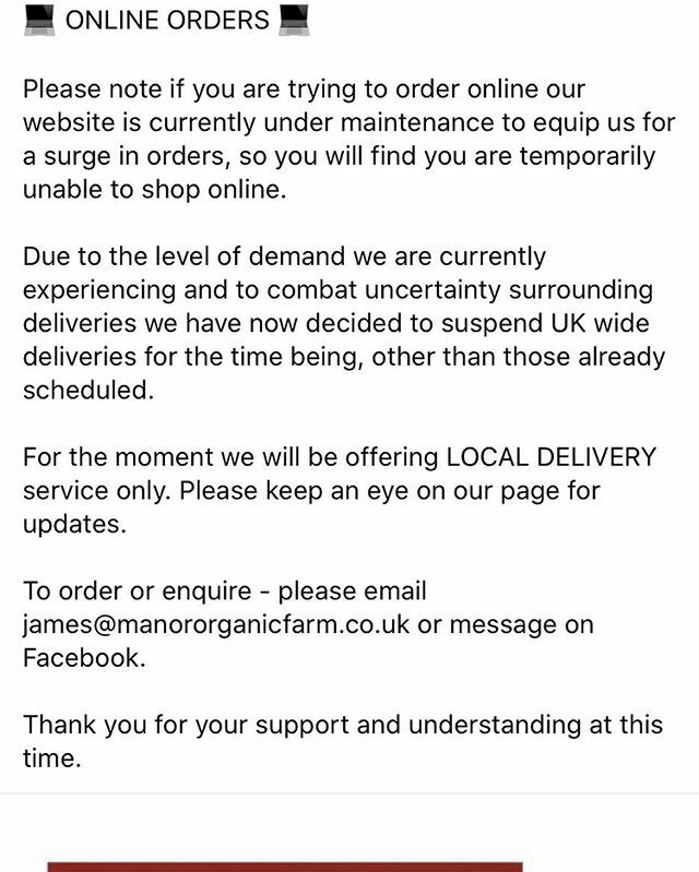 manororganic's tweet image. Offering local delivery as always - postcodes covered are LE12. LE11. LE67. DE73. DE74. NG11. LE65 
#localdeliveryavailable🚗 #localbusiness #farmshop #essentials #food #leicestershire #loughborough #kegworth #coalville #ashby ift.tt/2wvhcYo
