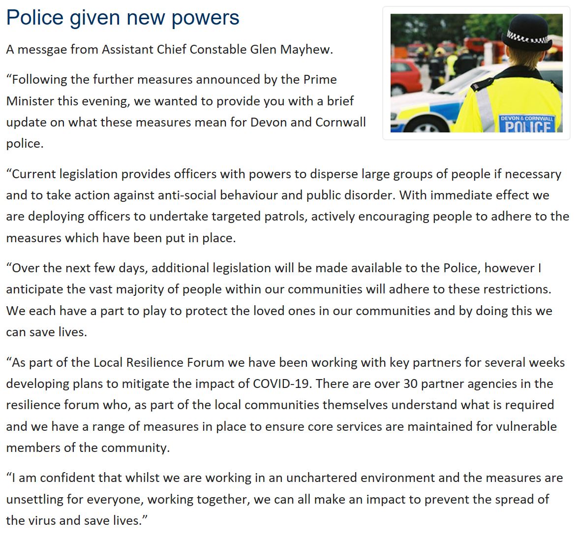 Following the latest update from the Prime Minister this evening, ACC Glen Mayhew has issued this message: crowd.in/UUUwcE