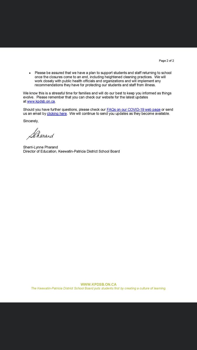Sherri-Lynne Pharand, Director of Education for the 
Keewatin-Patricia District School Board, has shared the following COVID-19 update with KPDSB families.