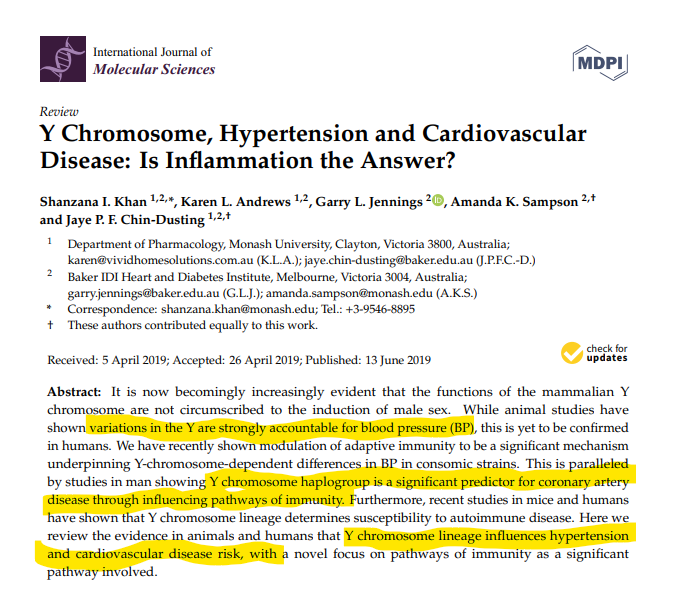 Y Chromosome, Hypertension and Cardiovascular Disease"examining Y chromosome lineage influences [on]...efficacy of...antihypertensive & anti-inflammatory agents...of great value...paving way for using Y chromosome phylogenetic tree in prescribing choices. https://www.ncbi.nlm.nih.gov/pmc/articles/PMC6627840/
