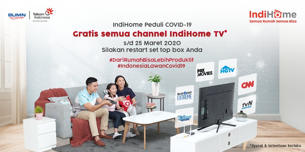 #DiRumahAja jadi makin asyik karena IndiHome berikan promo free all channel hingga tanggal 25 Maret 2020 khusus untuk Sobat IndiHome.

Tinggal restart Hybrid Box, dan tonton berbagai tayangan seru di rumah bersama keluarga.
#StayAtHome
#IndonesiaLawanCovid19
#SemuaRumahSemuaBisa