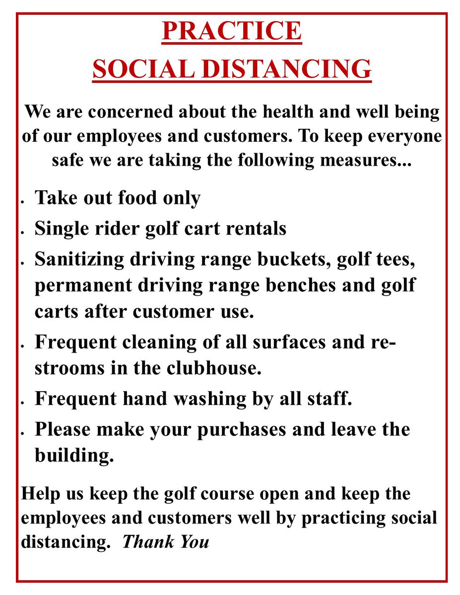 Eastmoreland Golf Course Update:

We are no longer accepting cash due to Covid-19. We will accept visa, m/c, amex &amp; diners card.

Please proceed to the driving range to the payment window.

The building will be closed except for restrooms.
