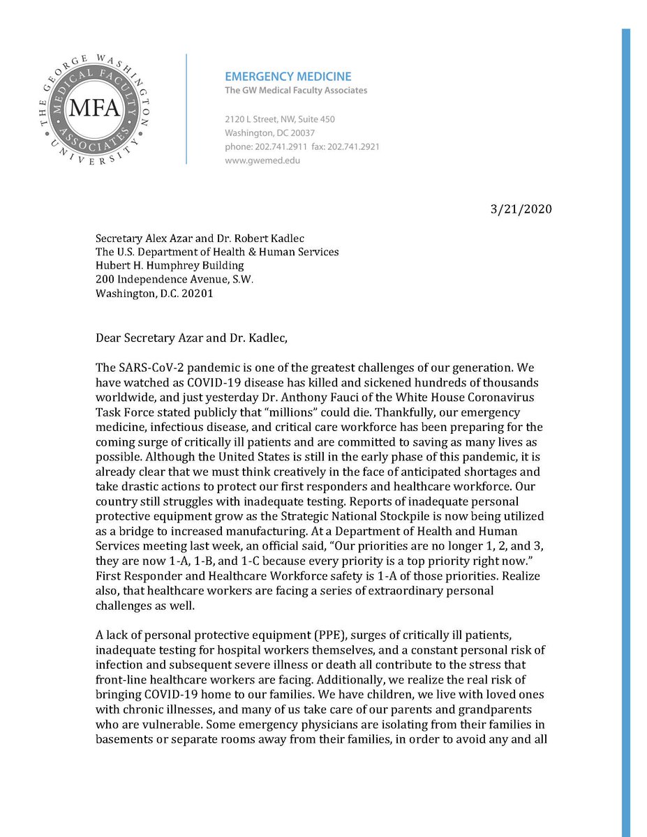 DrPhillipsMD's tweet photo. Our delivered letter to @HHSGov. We do not wish to bring Covid home to our families. Some wish to quarantine now. Certainly, we all will choose isolation if infected or awaiting test results. This should be a benefit provided to healthcare workers. Retweet if you agree. @ACEPNow https://t.co/A8qOPkfOM4