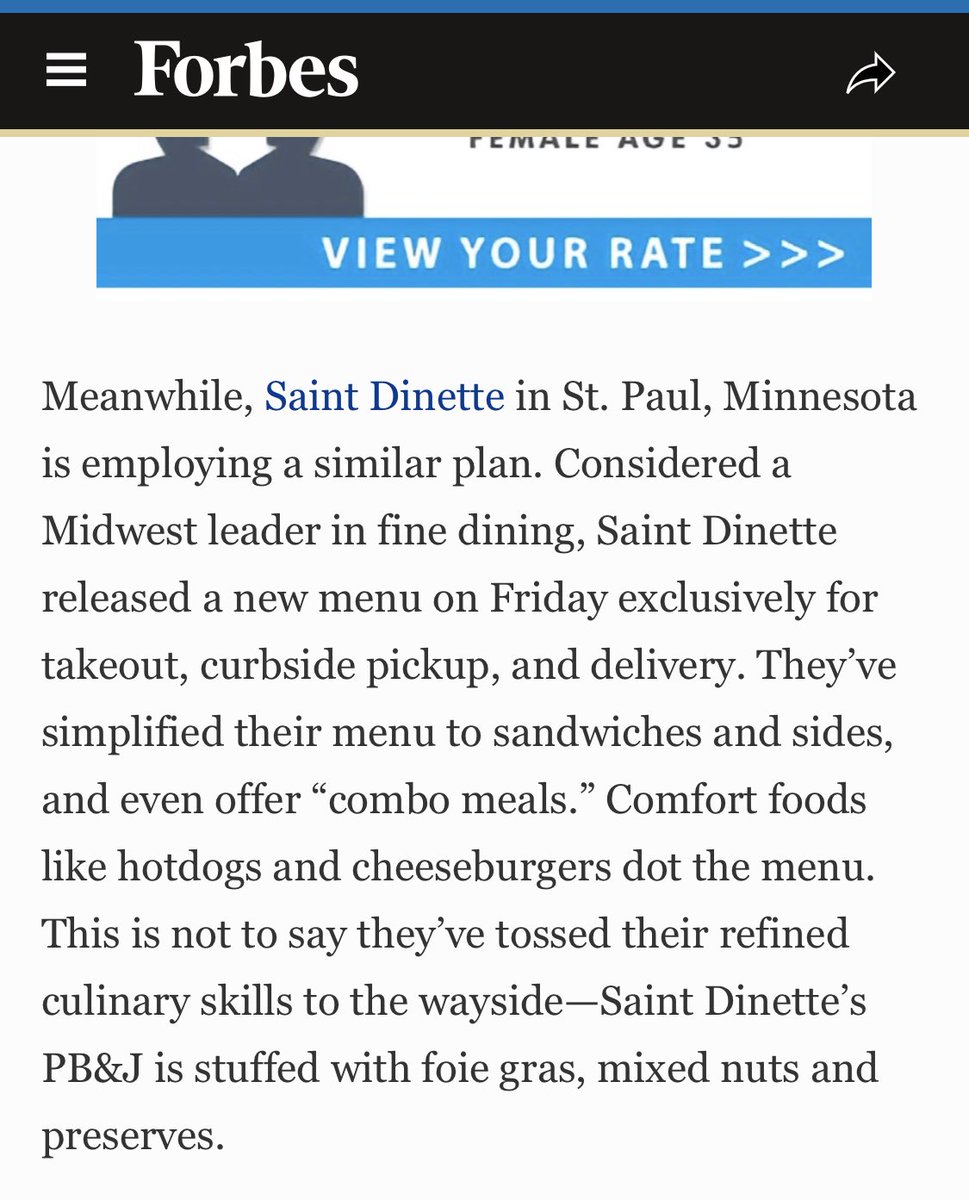 St. Paul’s <a href="/SaintDinette/">Saint Dinette</a> gets a shout-out in a @forbes article on restaurants that are innovating during #COVIDー19 forbes.com/sites/eveturow… <a href="/EveTurowPaul/">Eve Turow-Paul</a>