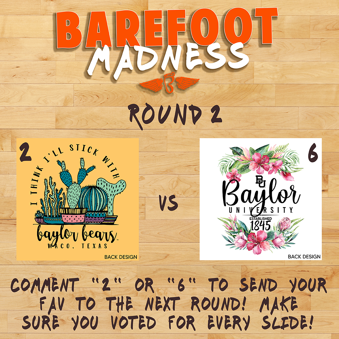 🏀The second round of Barefoot Madness is on🏀Pick your fav tees in Round 2 by commenting: 1 OR 5 and 2 OR 6 (you'll be submitting 2 votes). We'll have the winners ready on 3/30 for Round 3. Winner announced on 4/6. #barefootmadness