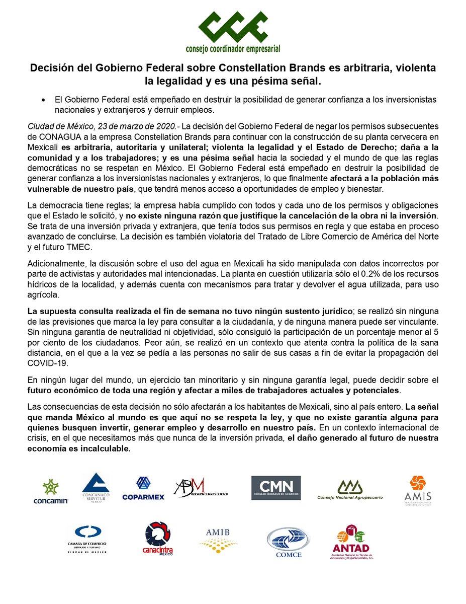 #Comunicado | Decisión del Gobierno Federal sobre Constellation Brands es arbitraria, violenta la legalidad y es una pésima señal.