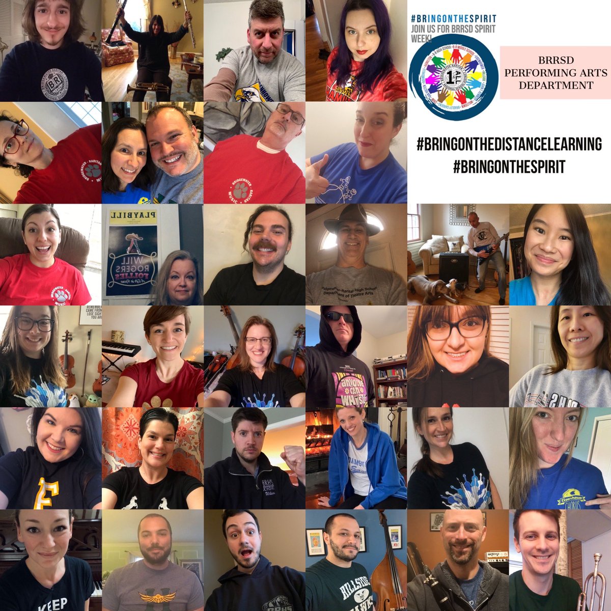 BRRSDArts's tweet photo. Who’s got school spirit?? The BRRSD Performing Arts Department has school spirit! Hope everyone had a great Monday back to #BRingonthedistancelearning!! (Fixed to now have the WHOLE dept!! :-)
#BRingonthespirit https://t.co/LdoOCdR4wx